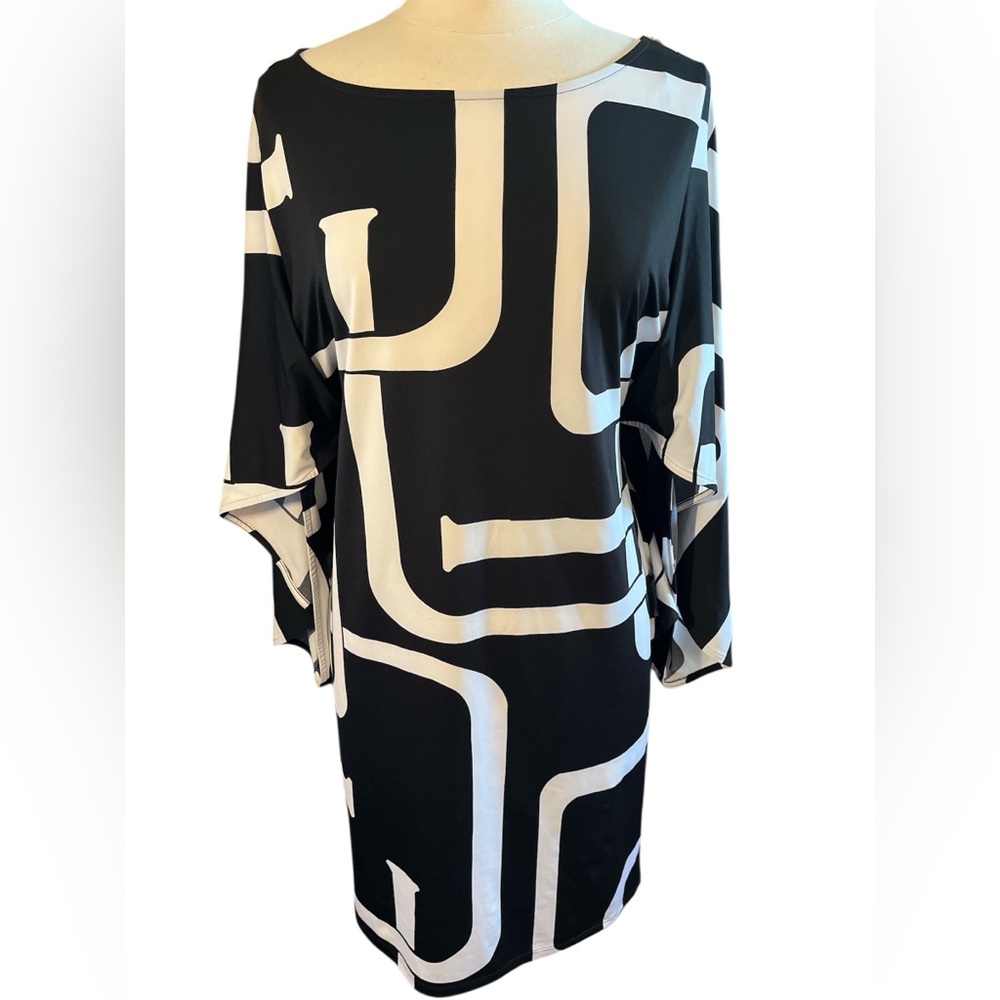 INC Black & White abstract square pattern Retro Dress w/Dolman Sleeves Size L